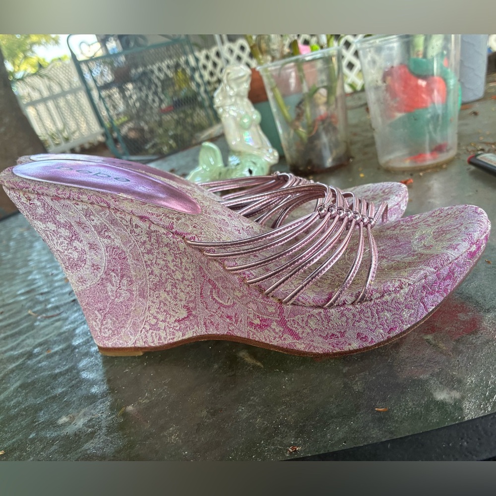 Vintage Bebe Metallic Pink and Asian Satin Wedge Sandals - Picture 5 of 8